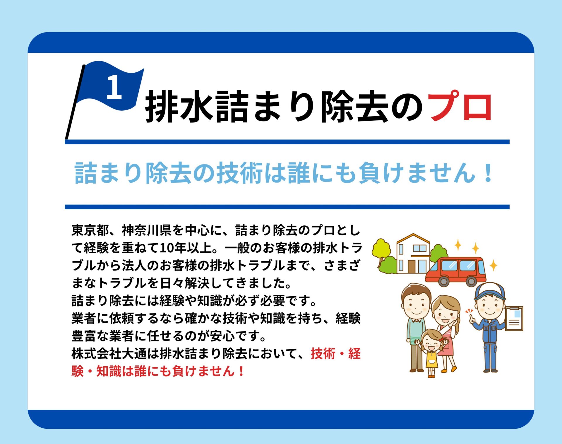 詰まり除去のプロ
詰まり除去の技術は誰にも負けません
東京都、神奈川県を中心に、詰まり除去のプロとして経験を重ねて10年以上。一般のお客様の排水トラブルから法人のお客様の排水トラブルまで、さまざまなトラブルを日々解決してきました。詰まり除去には経験や知識が必ず必要です。業者に依頼するなら確かな技術や知識を持ち、経験豊富な業者に任せるのが安心です。株式会社大通は排水詰まり除去において、技術・経験・知識は誰にも負けません。